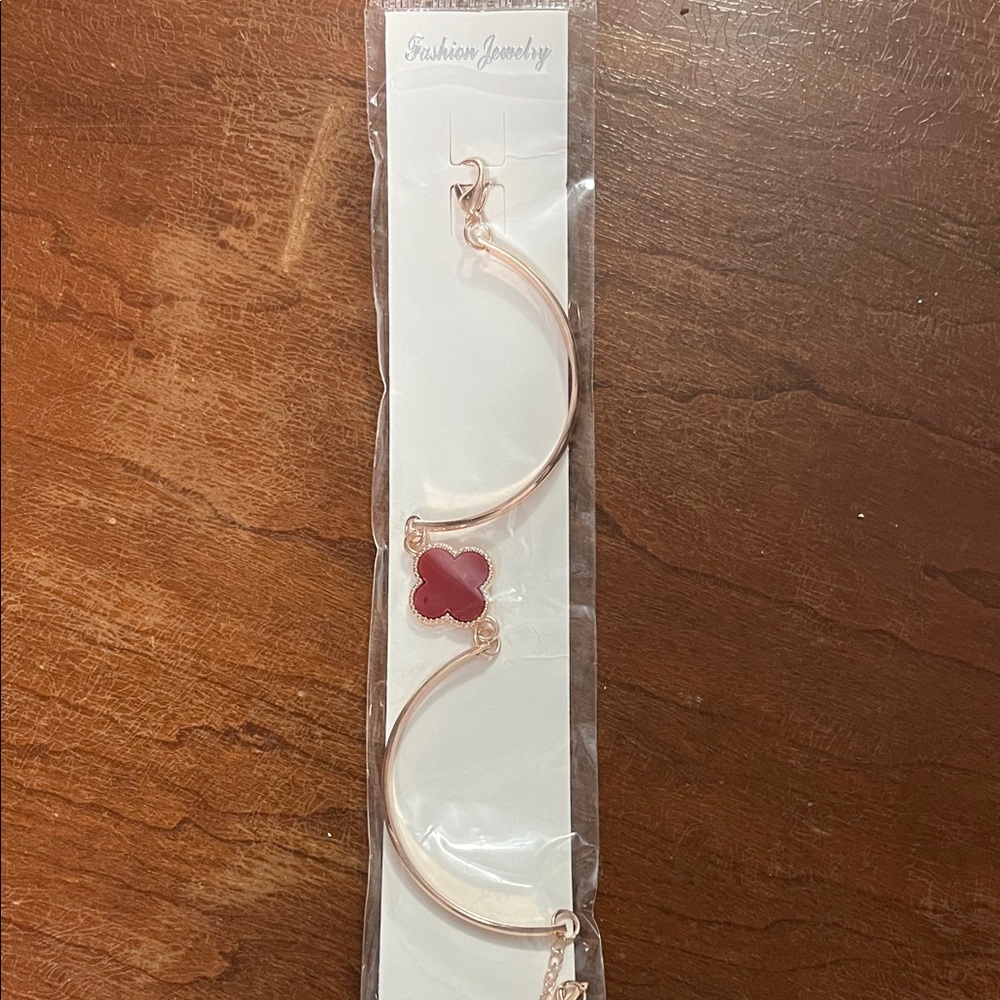 Rose Gold Bracelet with Red Clover Charm